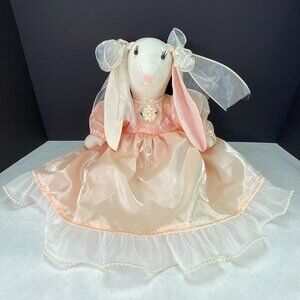 Vintage Handmade Fabric Bunny Rabbit Doll Dress and Faux Pearls